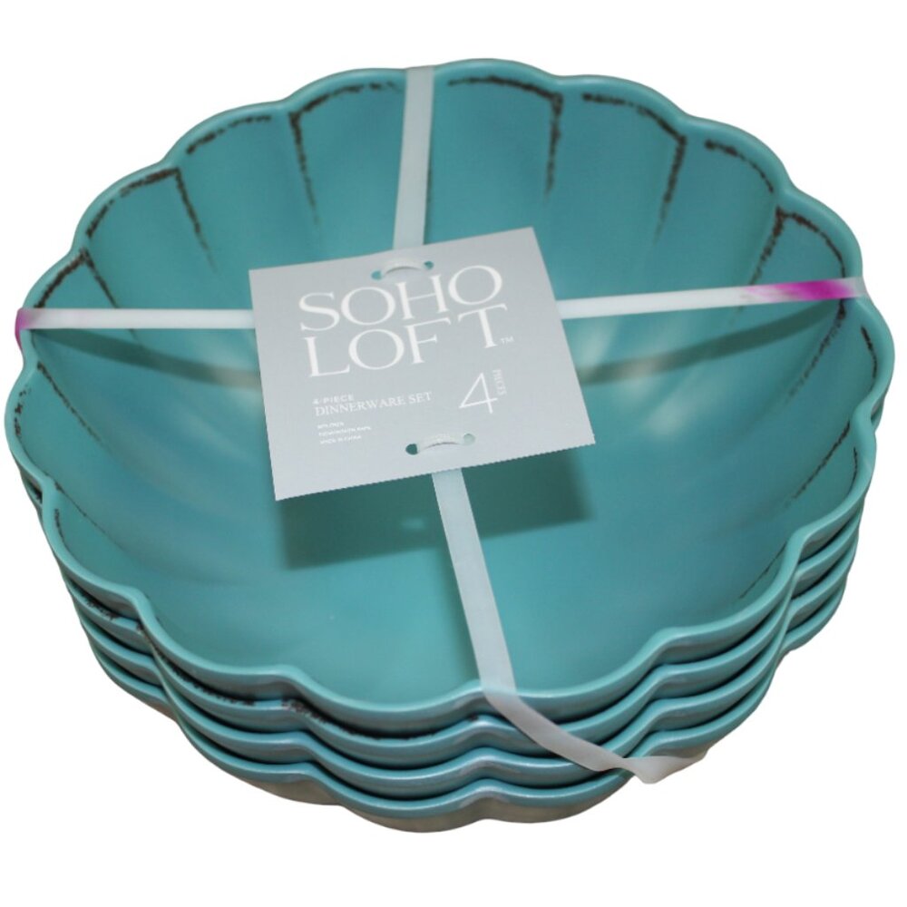 Soho Loft Bowls Teal Rustic Scalloped Set of 4 Melamine 7.5" Cereal Brown NWT